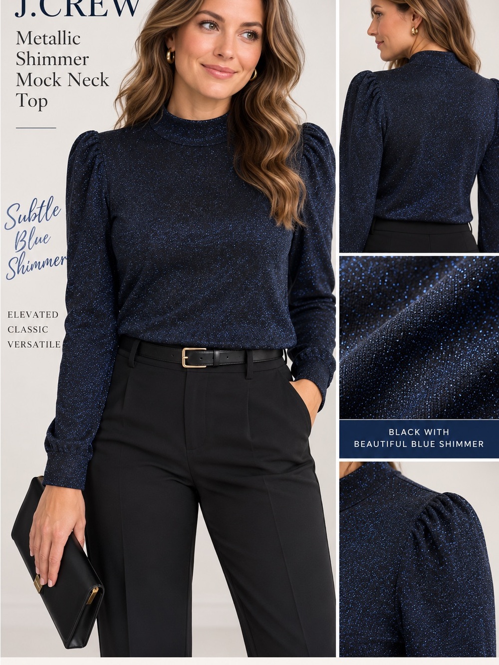 J.Crew Black Blue Metallic Shimmer Puff Sleeve Mock Neck Top M